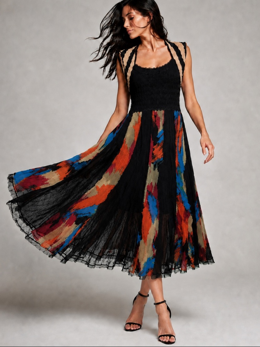 Komarov Crinkle Pleated Chiffon Abstract Print Crochet Back Midi Dress M
